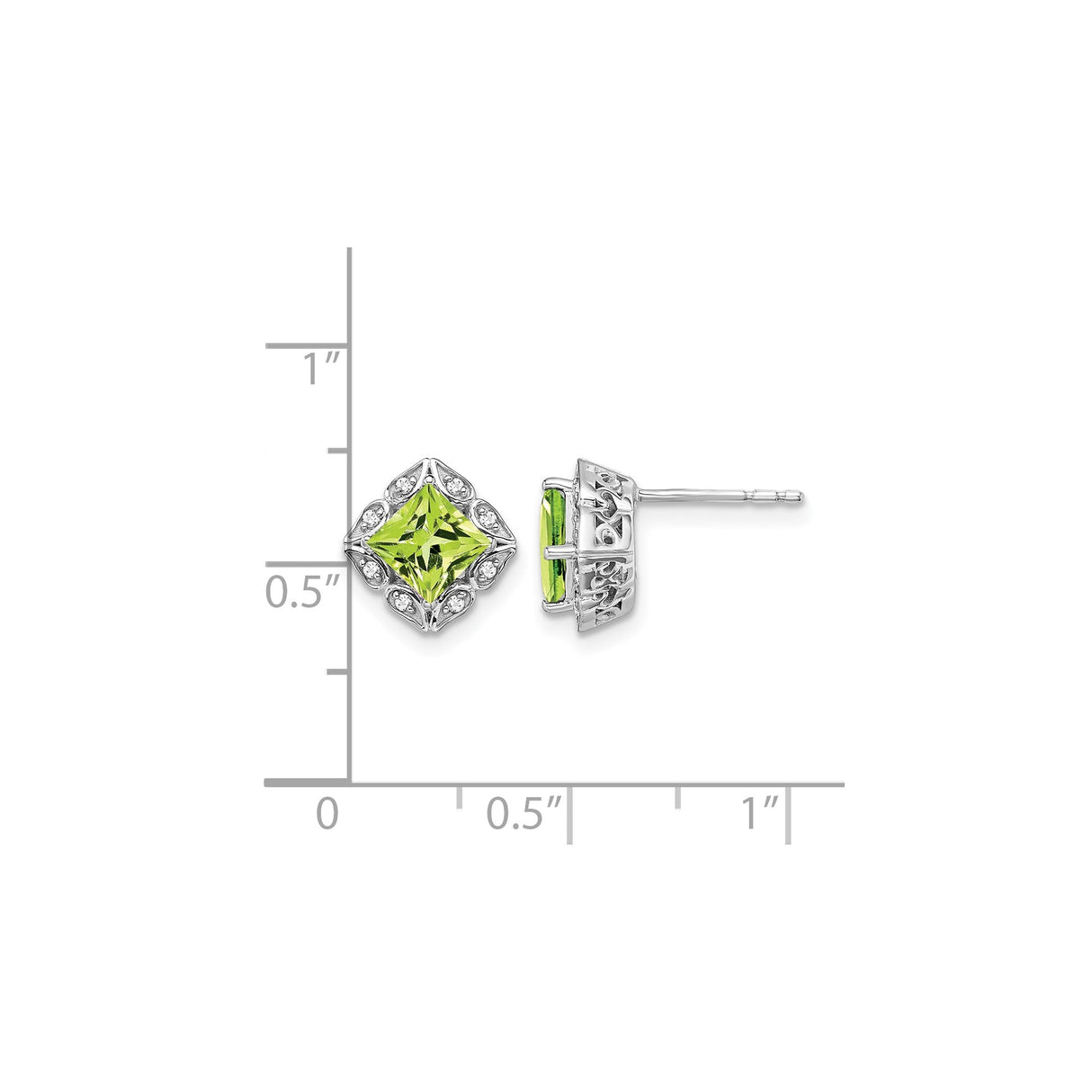 14k White Gold Peridot and Diamond Stud Earrings, Filigree Vintage Style