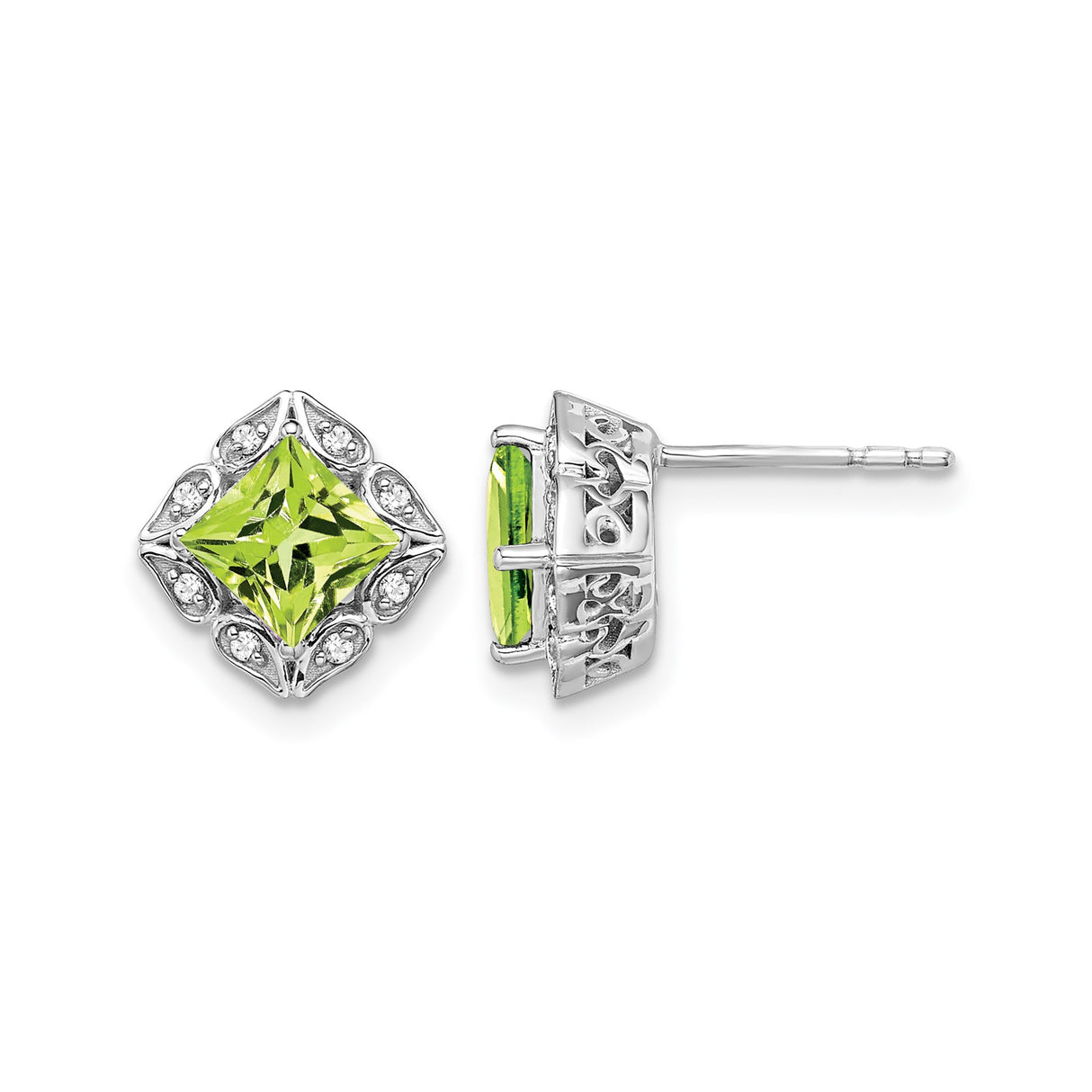 14k White Gold Peridot and Diamond Stud Earrings, Filigree Vintage Style