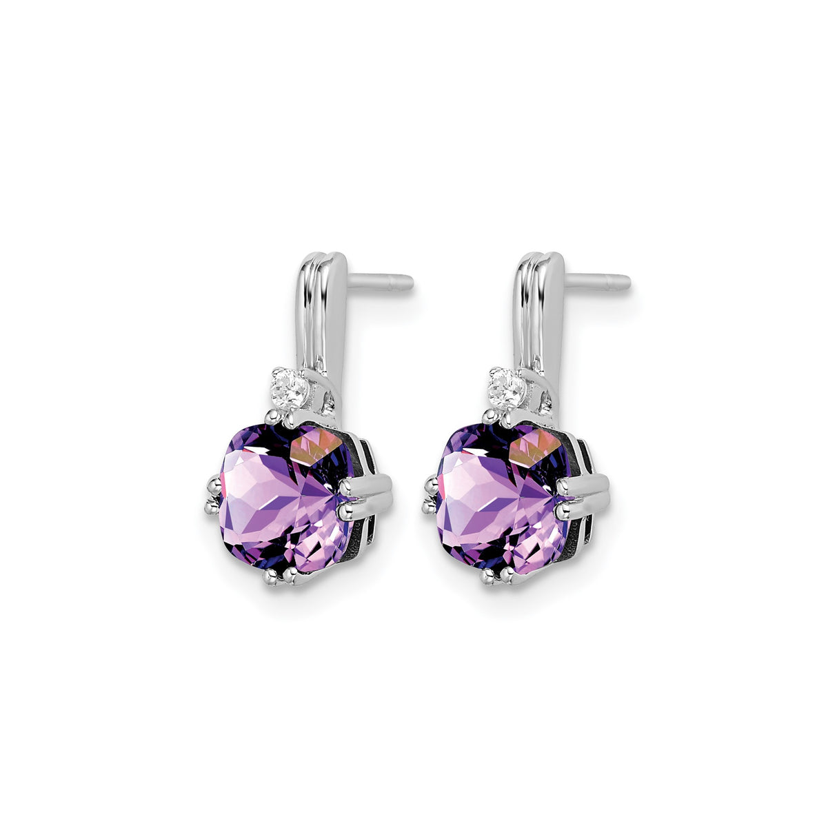 10k White Gold Leverback Earrings with Cushion Cut Amethyst and Diamond Accents