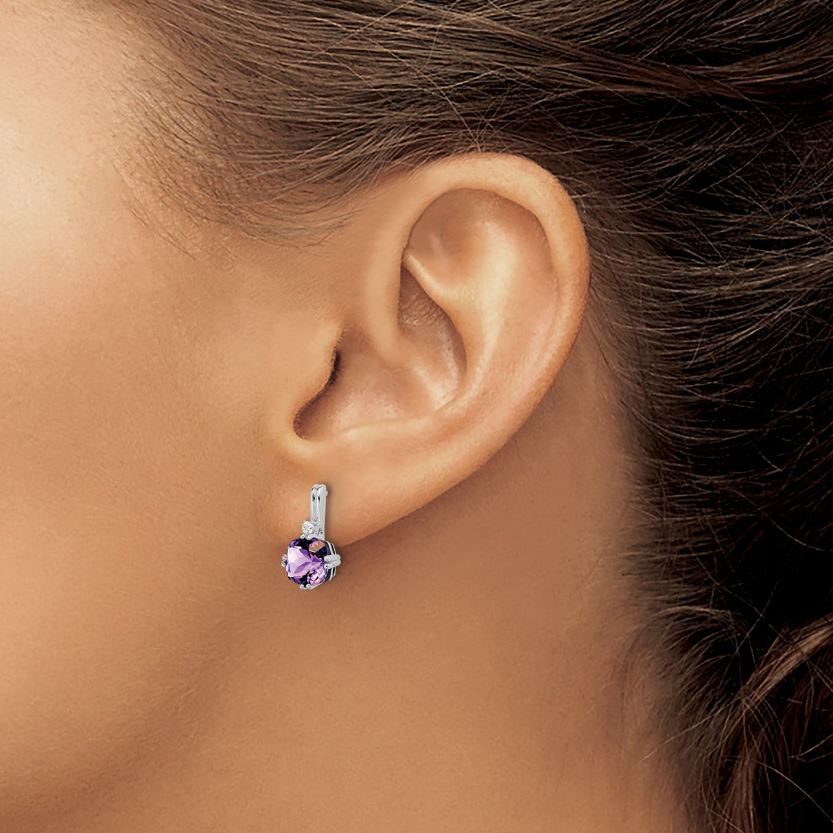 10k White Gold Leverback Earrings with Cushion Cut Amethyst and Diamond Accents