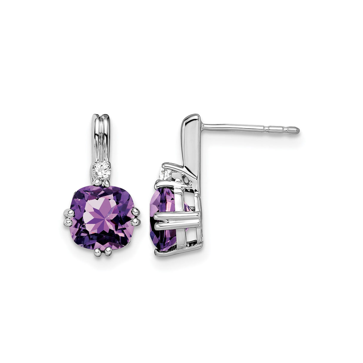 10k White Gold Leverback Earrings with Cushion Cut Amethyst and Diamond Accents