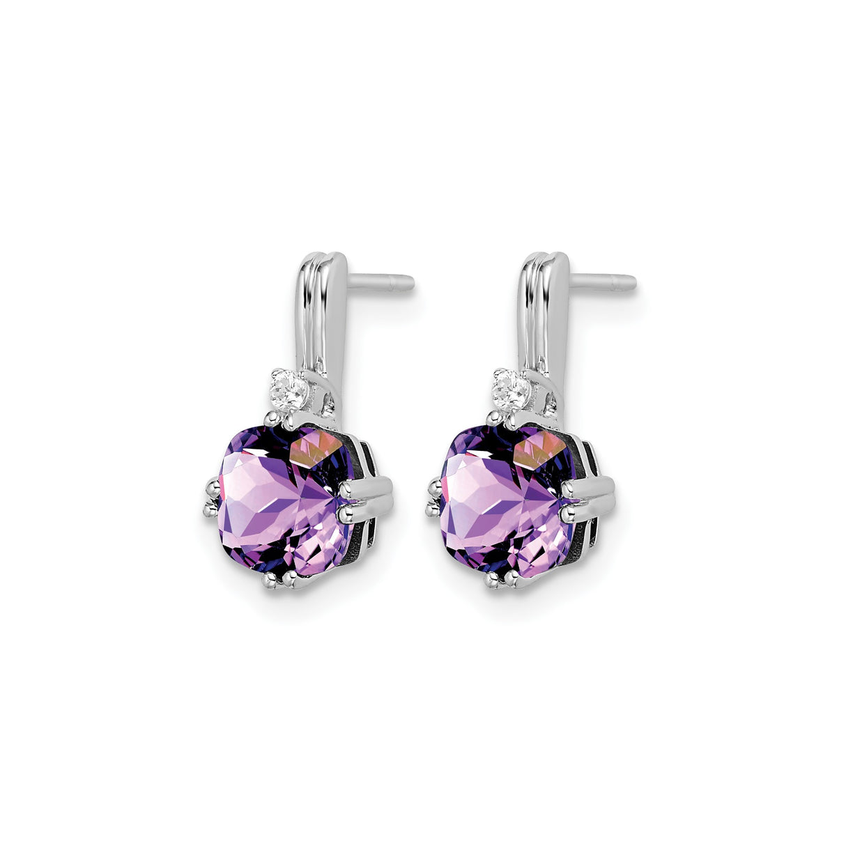 14k White Gold Dangle Earrings with Cushion Cut Amethyst and Diamond Accents