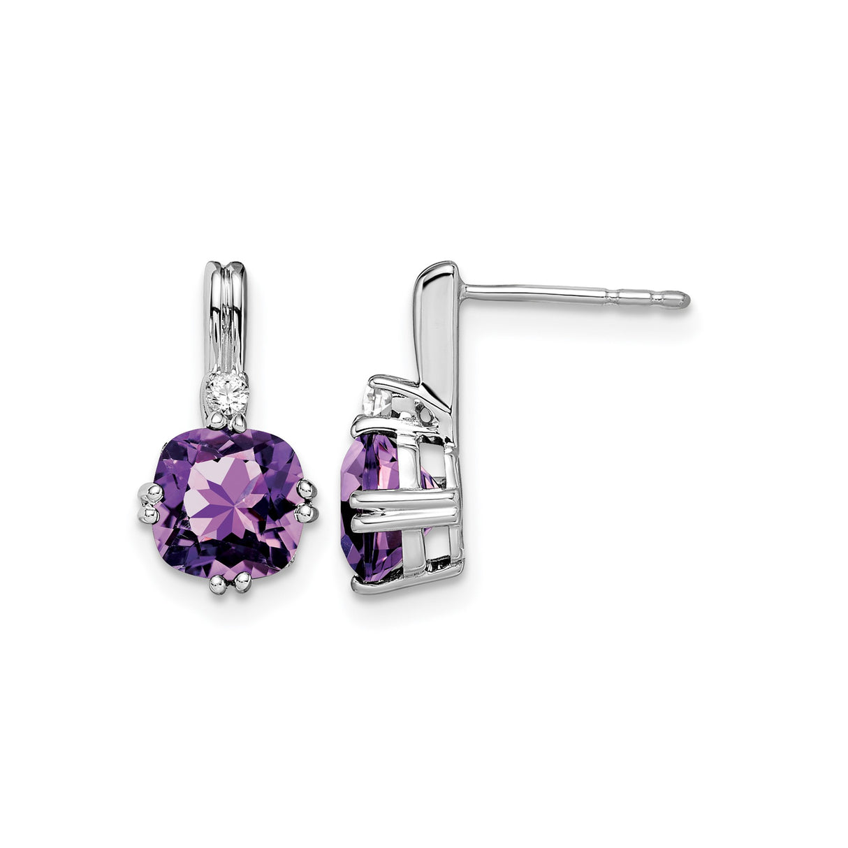 14k White Gold Dangle Earrings with Cushion Cut Amethyst and Diamond Accents