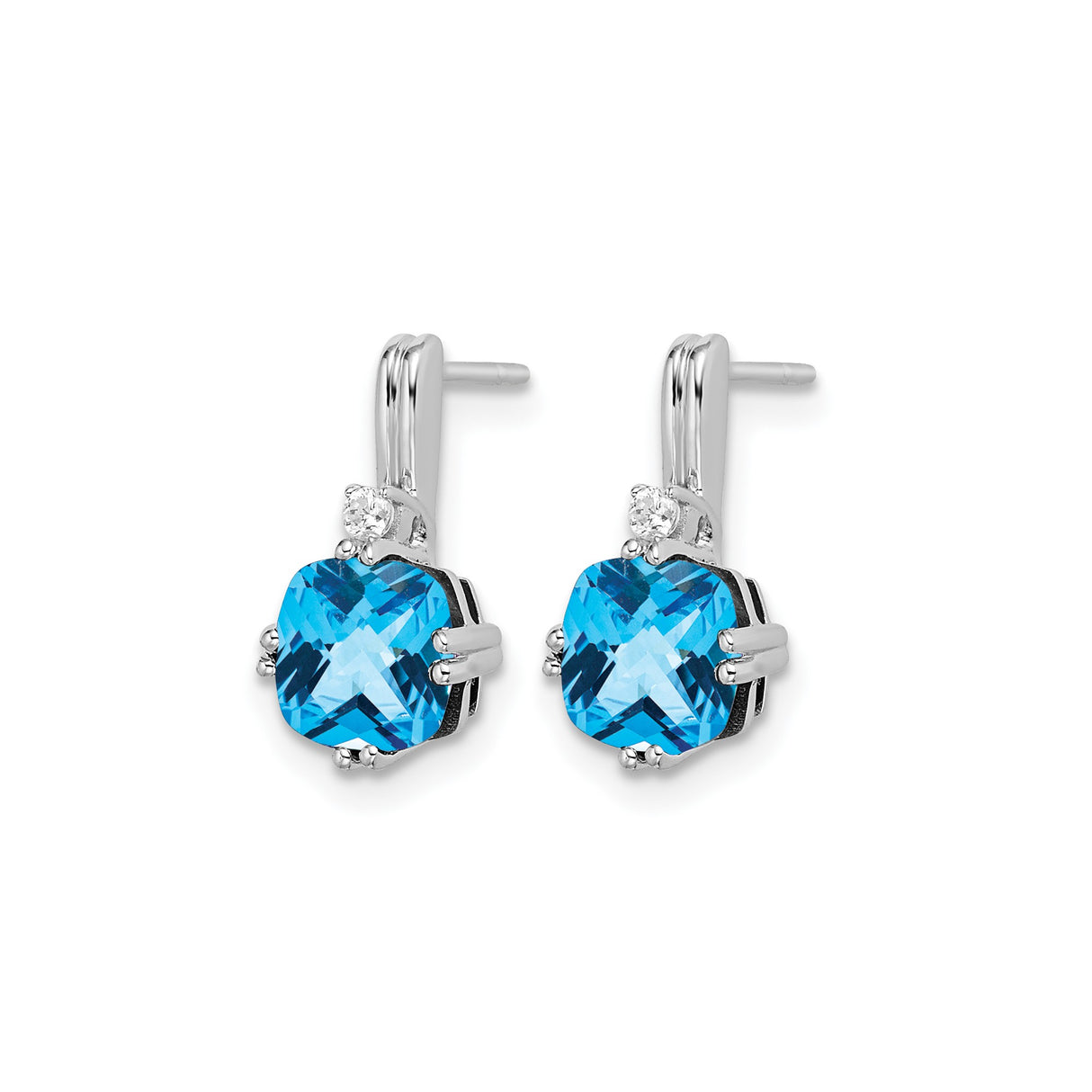 10k White Gold Stud Earrings with Swiss Blue Topaz and Diamond Accent, Cushion Cut Design