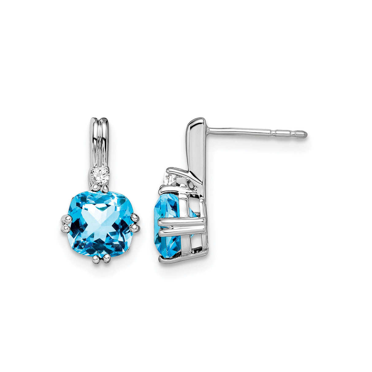 10k White Gold Stud Earrings with Swiss Blue Topaz and Diamond Accent, Cushion Cut Design