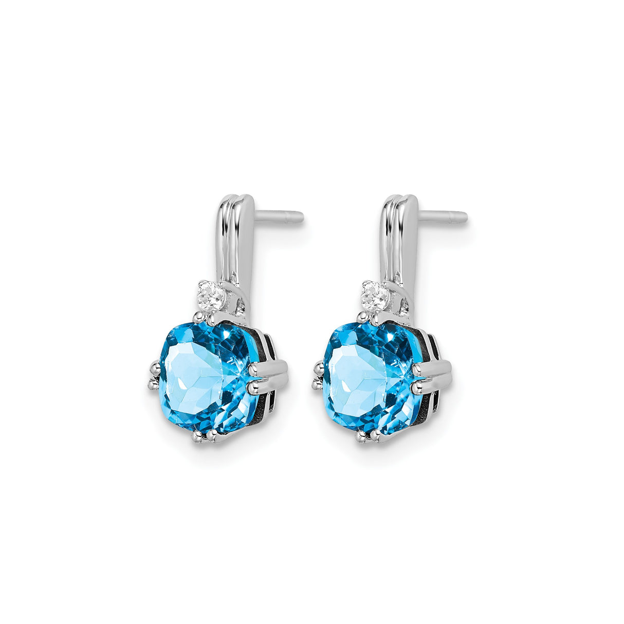 14k White Gold Dangle Earrings with Cushion Swiss Blue Topaz and Diamond Accents
