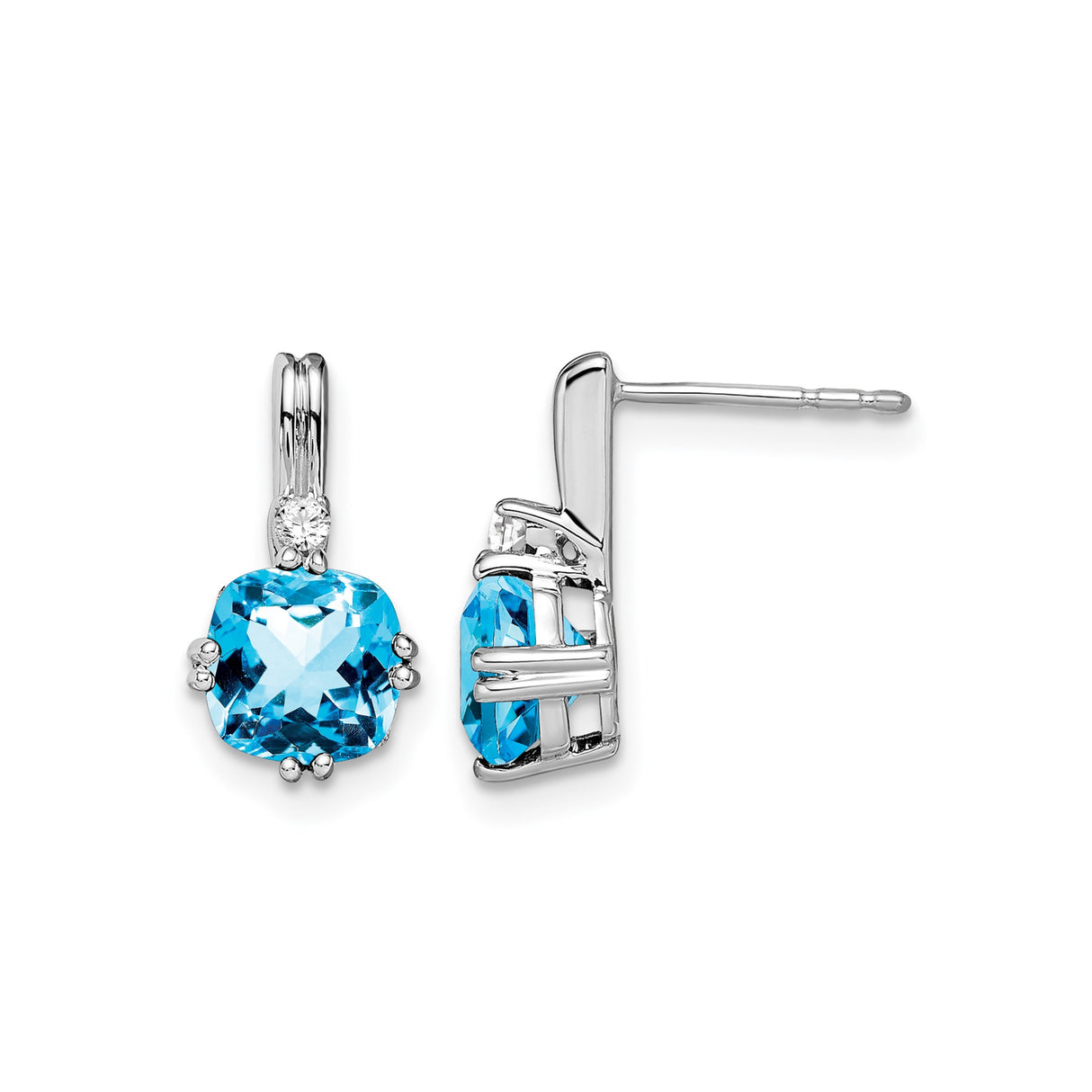 14k White Gold Dangle Earrings with Cushion Swiss Blue Topaz and Diamond Accents