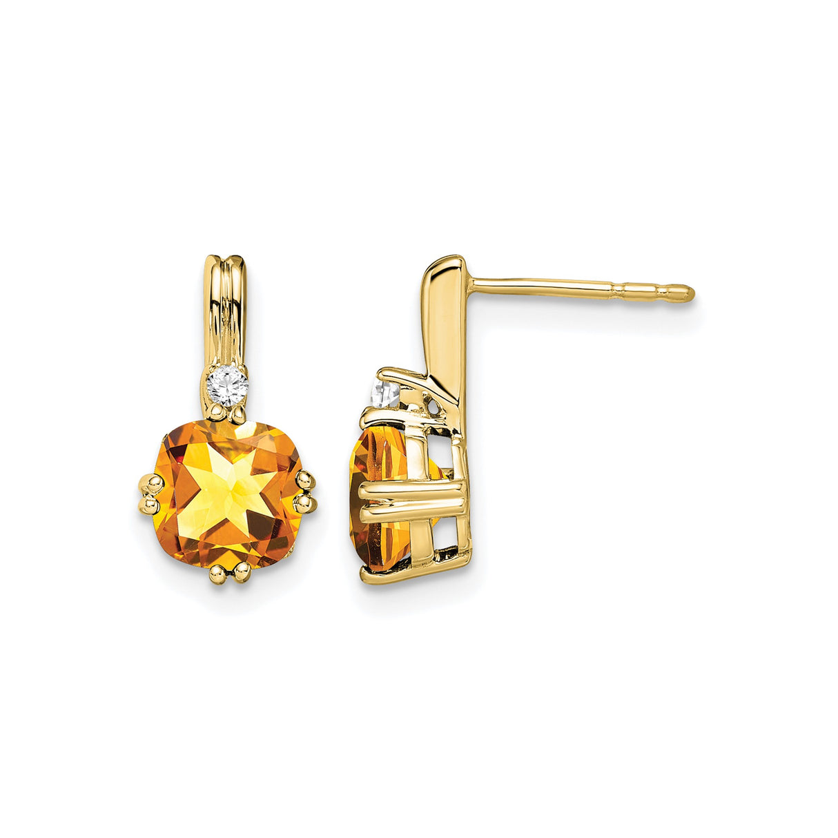 10k Yellow Gold Cushion Cut Citrine Stud Earrings with Diamond Accents, November Birthstone Jewelry