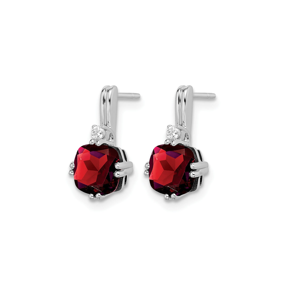 14k White Gold Drop Earrings with Garnet and Diamond Accents, Cushion Cut Dangle Style