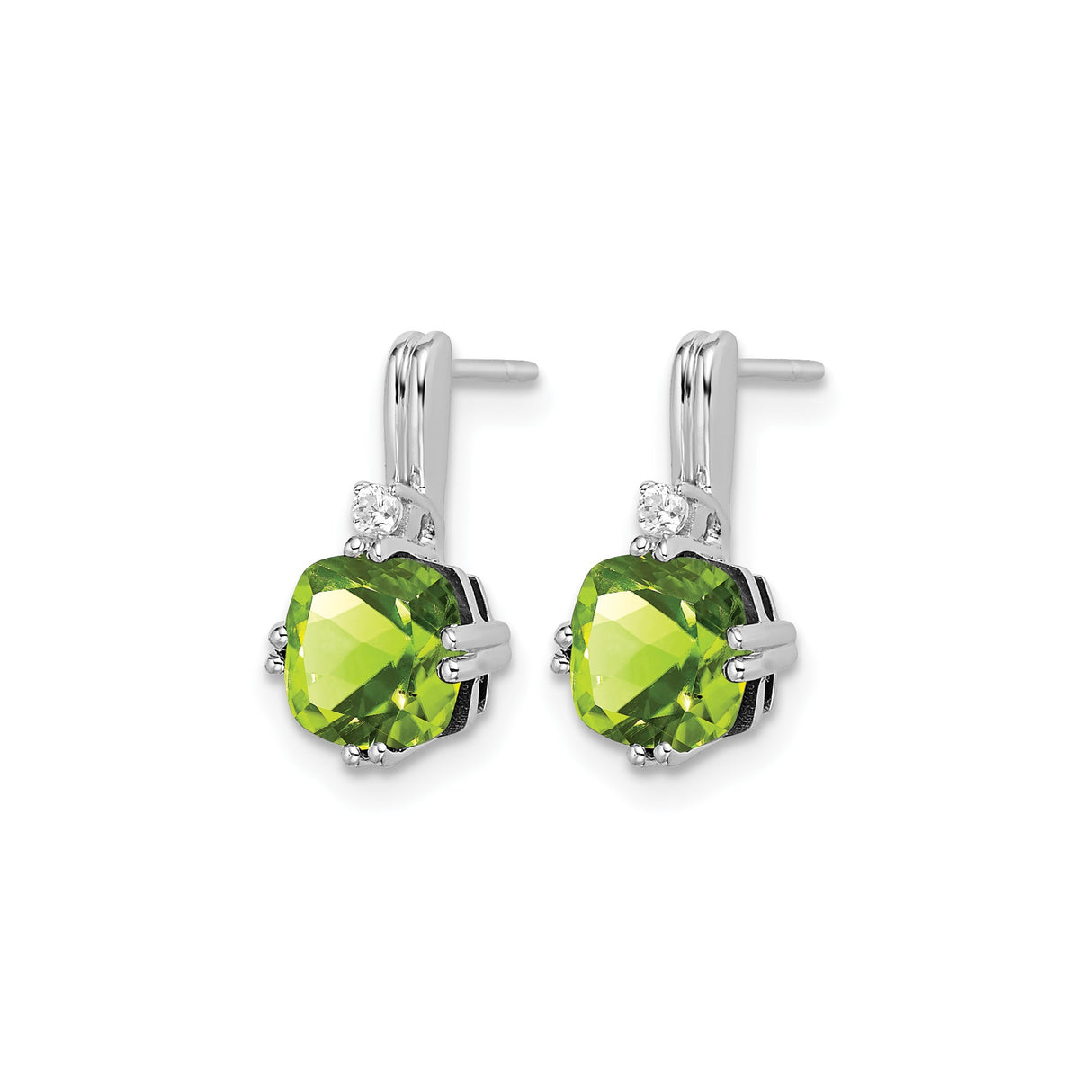 14k White Gold Dangle Earrings with Cushion Cut Peridot and Diamond Accents