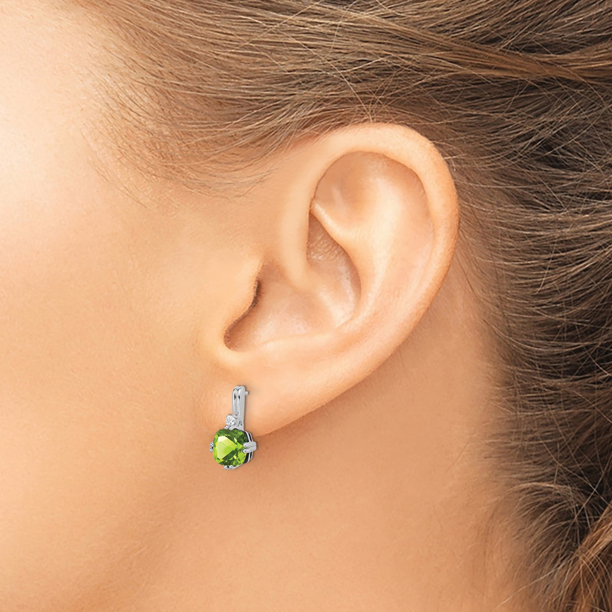 14k White Gold Dangle Earrings with Cushion Cut Peridot and Diamond Accents