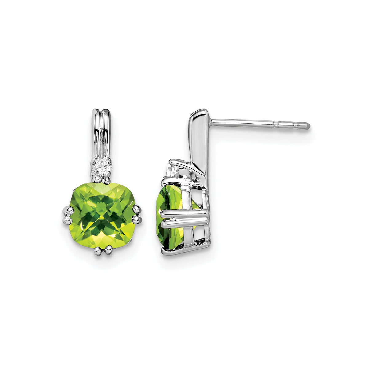 14k White Gold Dangle Earrings with Cushion Cut Peridot and Diamond Accents