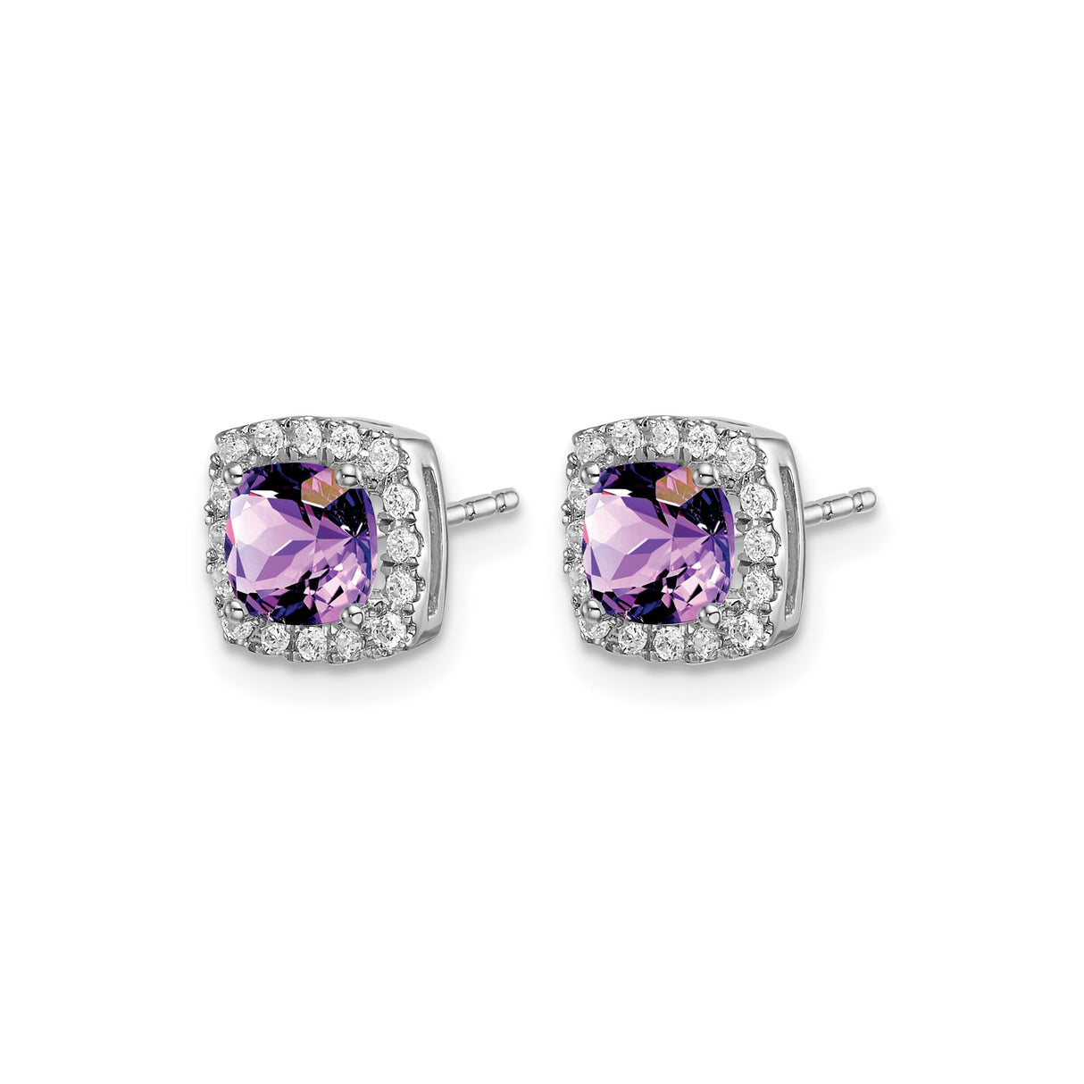 14k White Gold Amethyst Stud Earrings with Diamond Halo, Cushion Cut Purple Gemstone