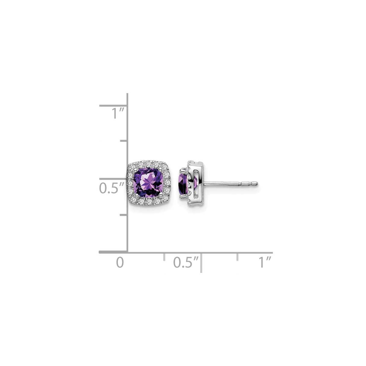 14k White Gold Amethyst Stud Earrings with Diamond Halo, Cushion Cut Purple Gemstone