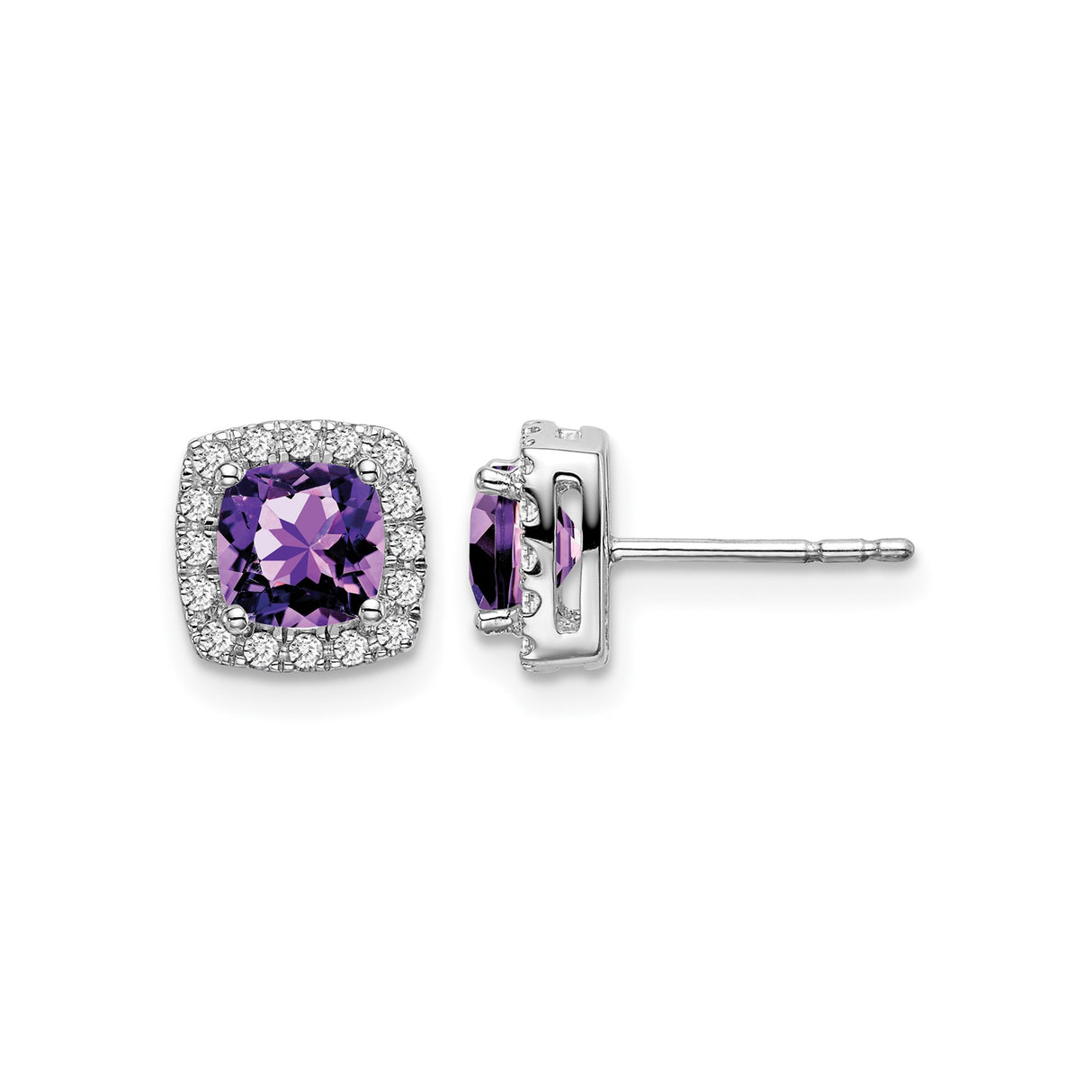 14k White Gold Amethyst Stud Earrings with Diamond Halo, Cushion Cut Purple Gemstone