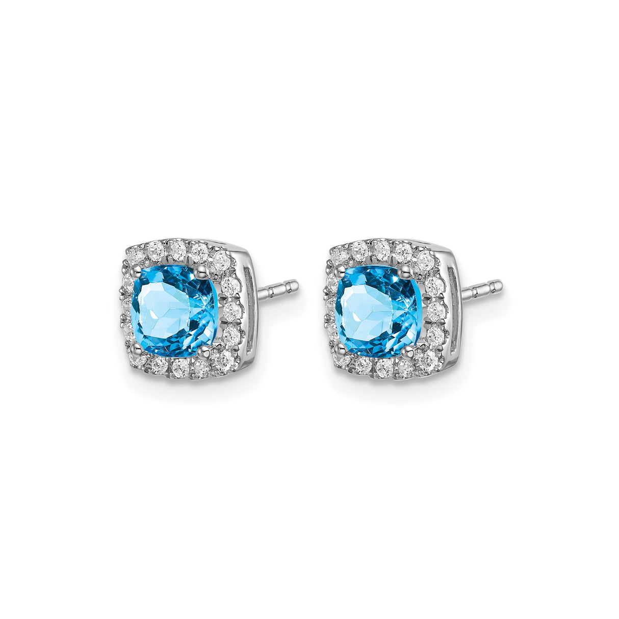 14k White Gold Stud Earrings with Cushion Cut Swiss Blue Topaz and Diamond Halo