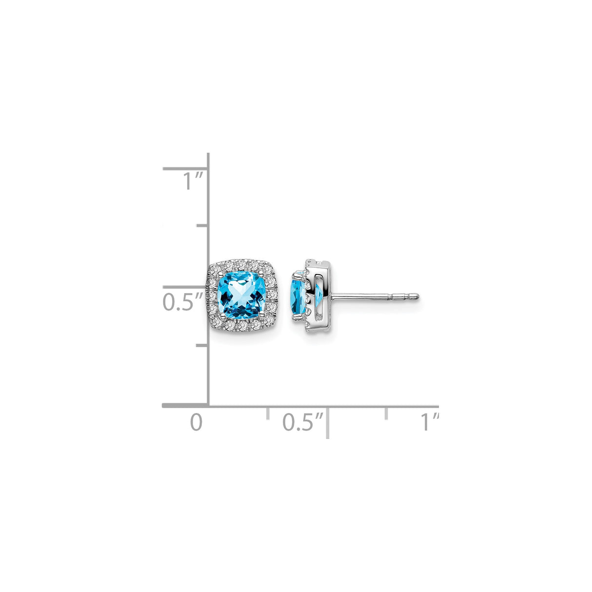 14k White Gold Stud Earrings with Cushion Cut Swiss Blue Topaz and Diamond Halo