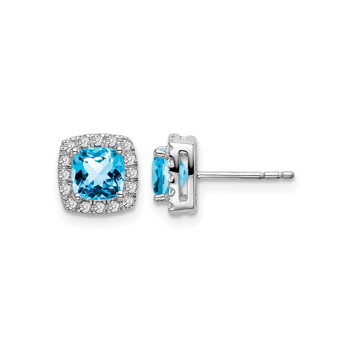 14k White Gold Stud Earrings with Cushion Cut Swiss Blue Topaz and Diamond Halo