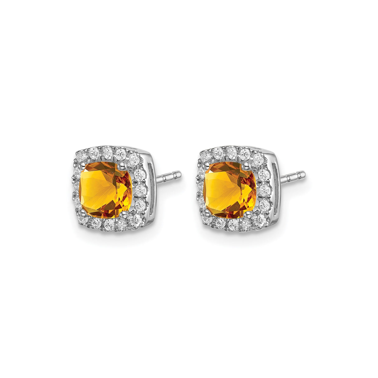 14k White Gold Citrine Stud Earrings with Diamond Halo, November Birthstone Jewelry