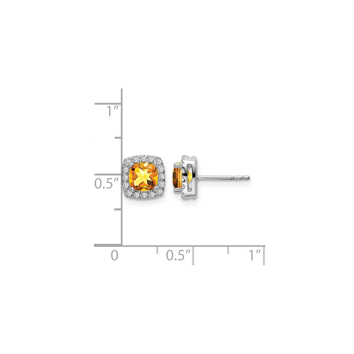 14k White Gold Citrine Stud Earrings with Diamond Halo, November Birthstone Jewelry