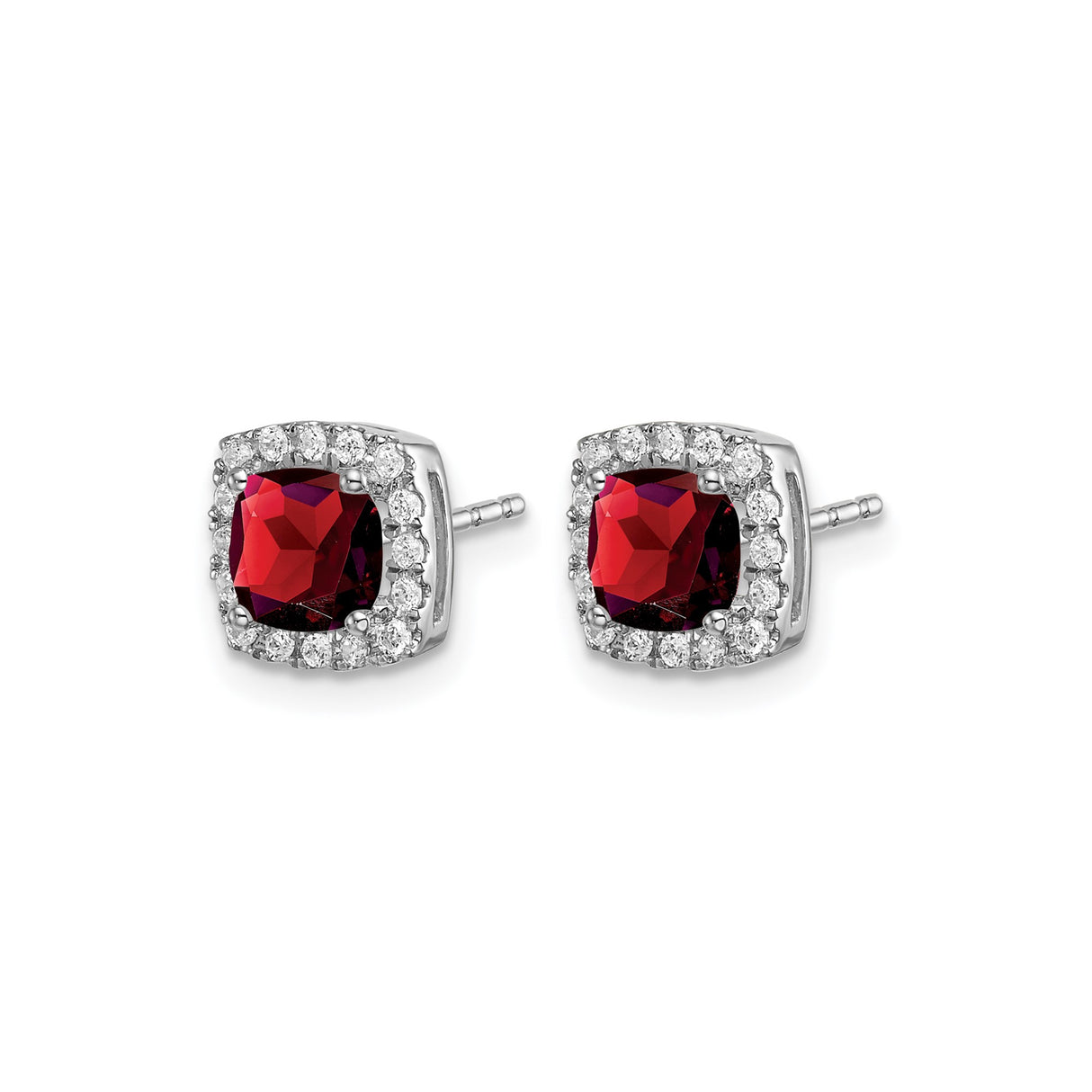14k White Gold Earrings with Cushion Cut Garnet and Diamond Halo Studs