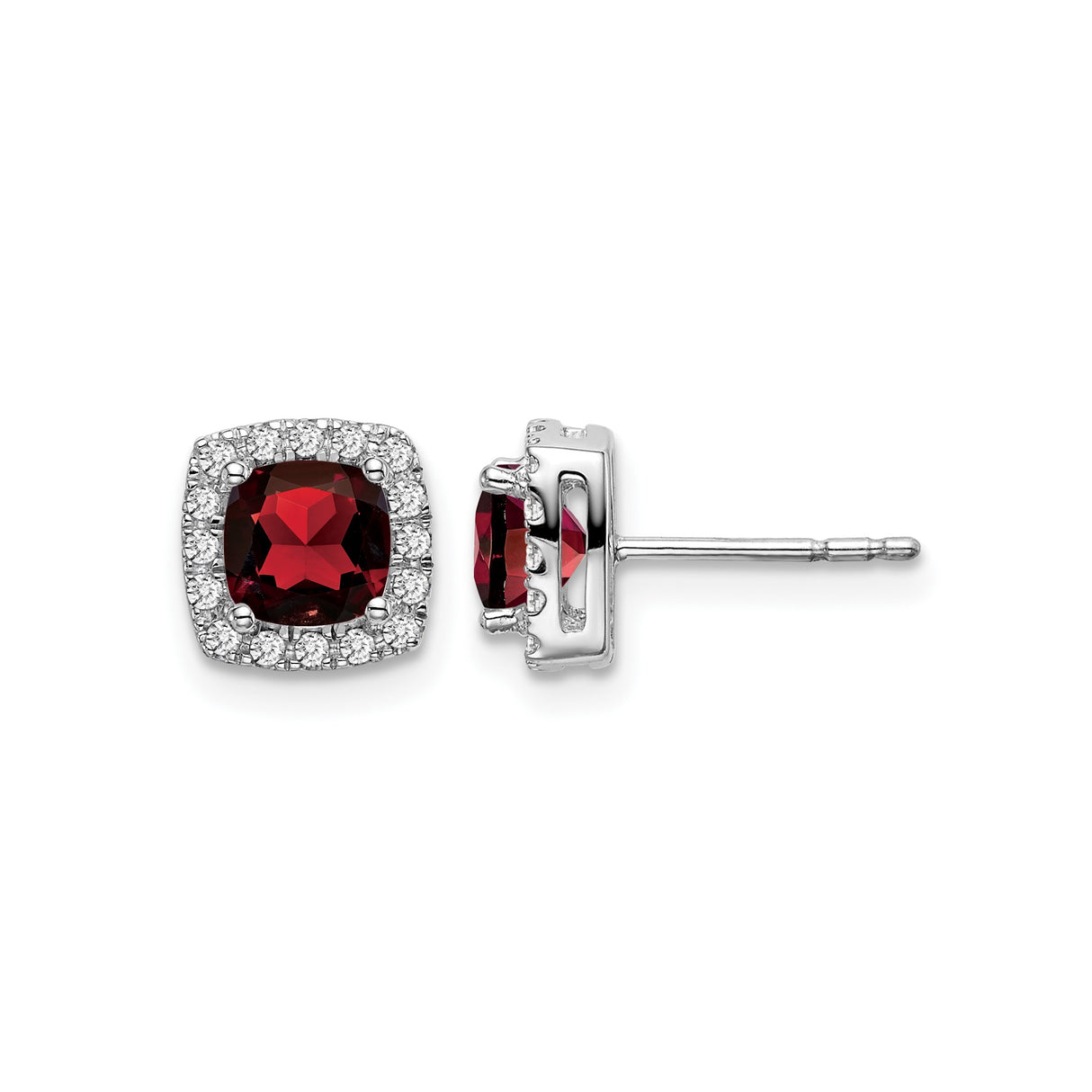 14k White Gold Earrings with Cushion Cut Garnet and Diamond Halo Studs
