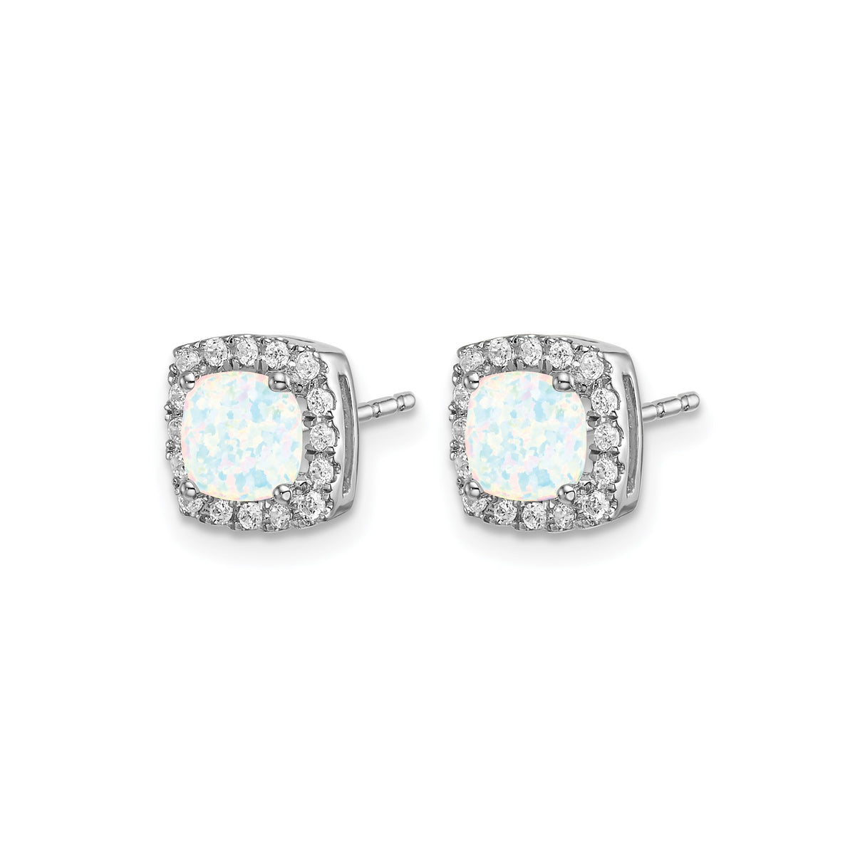 14k White Gold Opal Stud Earrings with Diamond Halo, Cushion Cut Gemstone Design