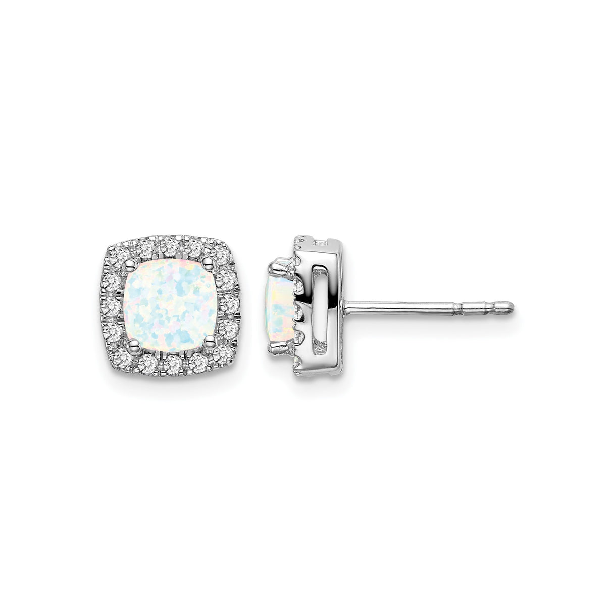 14k White Gold Opal Stud Earrings with Diamond Halo, Cushion Cut Gemstone Design