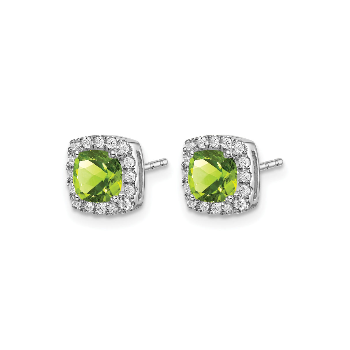 14k White Gold Peridot and Diamond Halo Stud Earrings, Cushion Cut Green Gemstone Studs