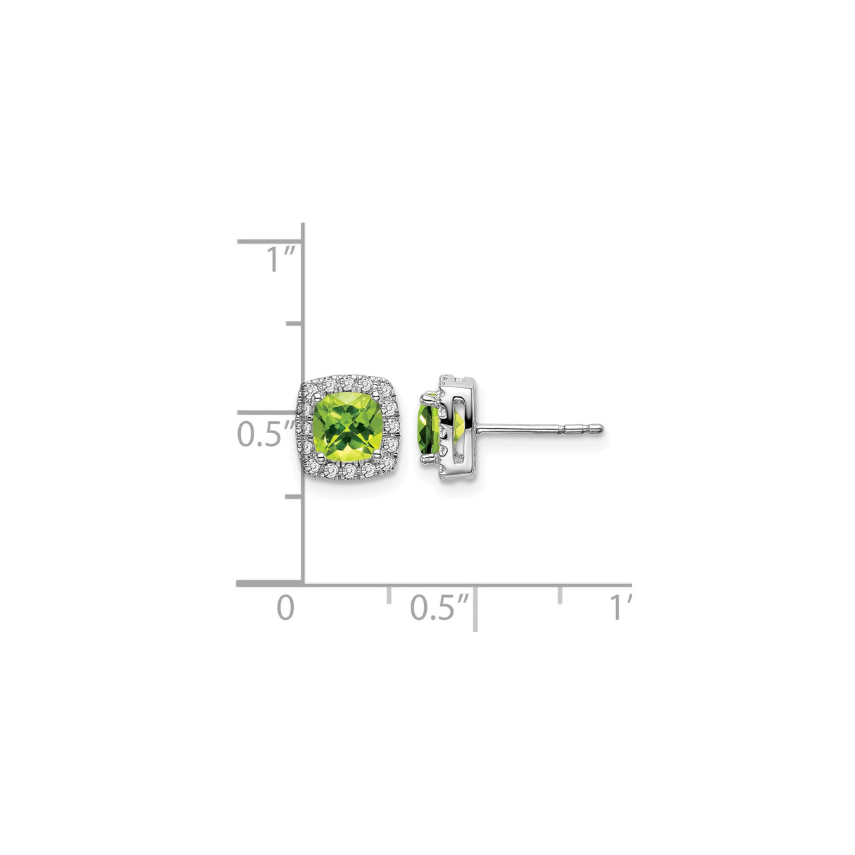 14k White Gold Peridot and Diamond Halo Stud Earrings, Cushion Cut Green Gemstone Studs