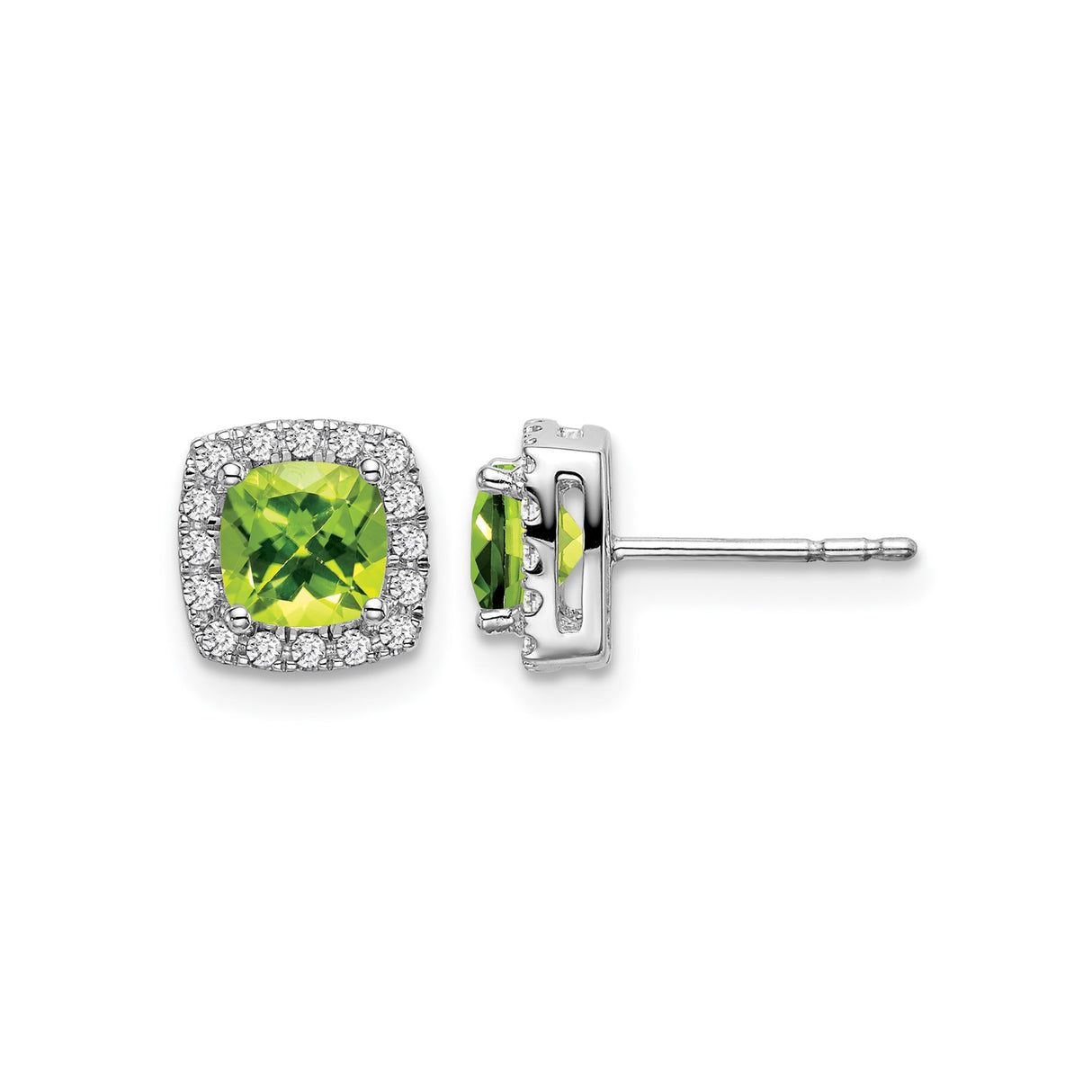14k White Gold Peridot and Diamond Halo Stud Earrings, Cushion Cut Green Gemstone Studs