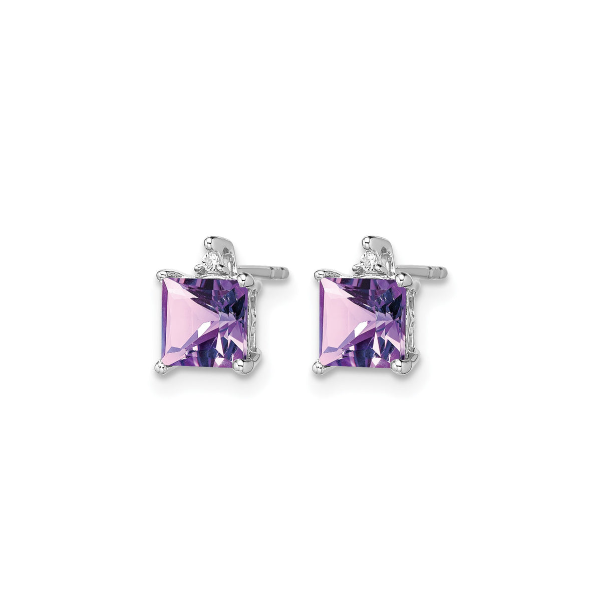 14k White Gold Amethyst and Diamond Stud Earrings, Square Cut, Modern Design for Women