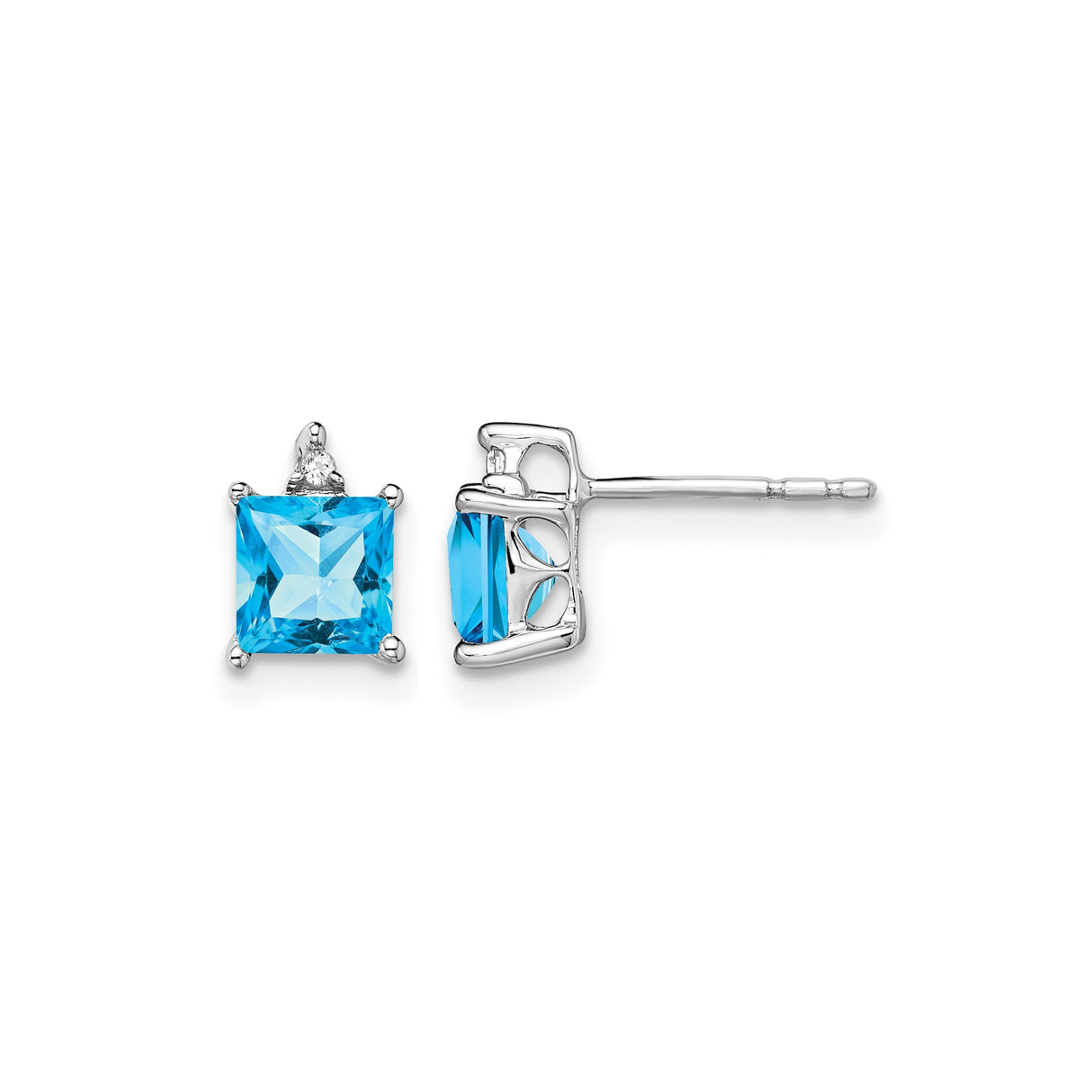 14k White Gold Stud Earrings with Swiss Blue Topaz and Diamond Accent