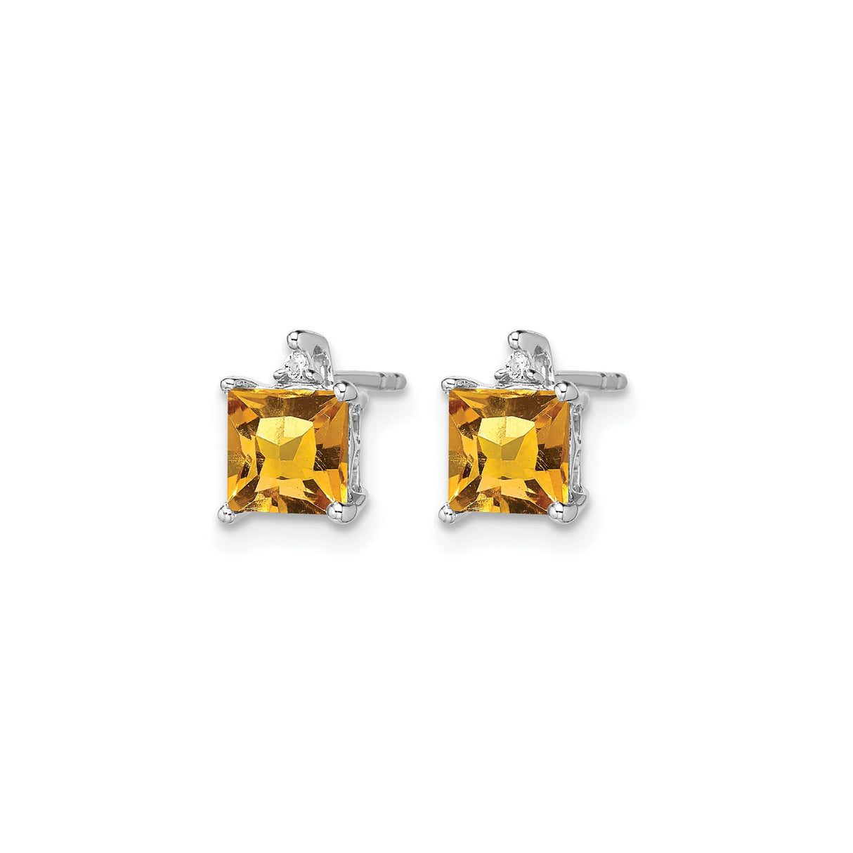 14k White Gold Stud Earrings with Square Cut Citrine and Diamond Accent, Modern Minimalist Style