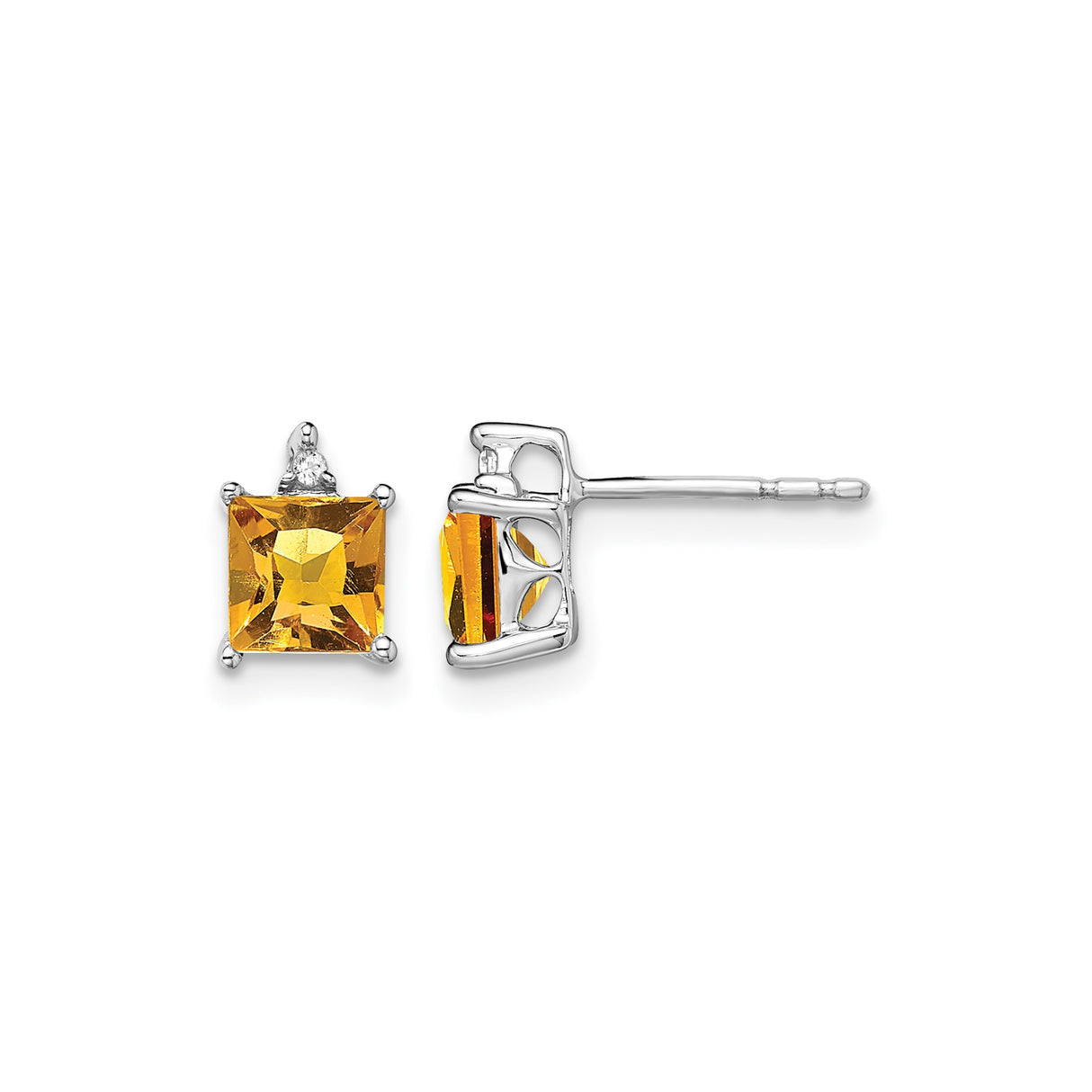 14k White Gold Stud Earrings with Square Cut Citrine and Diamond Accent, Modern Minimalist Style