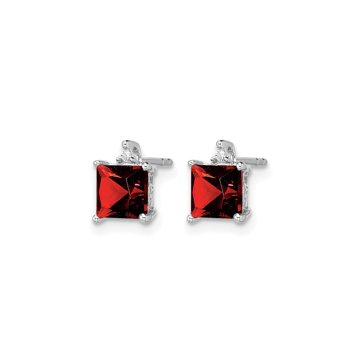 14k White Gold Stud Earrings with Square Cut Garnet and Diamond Accent