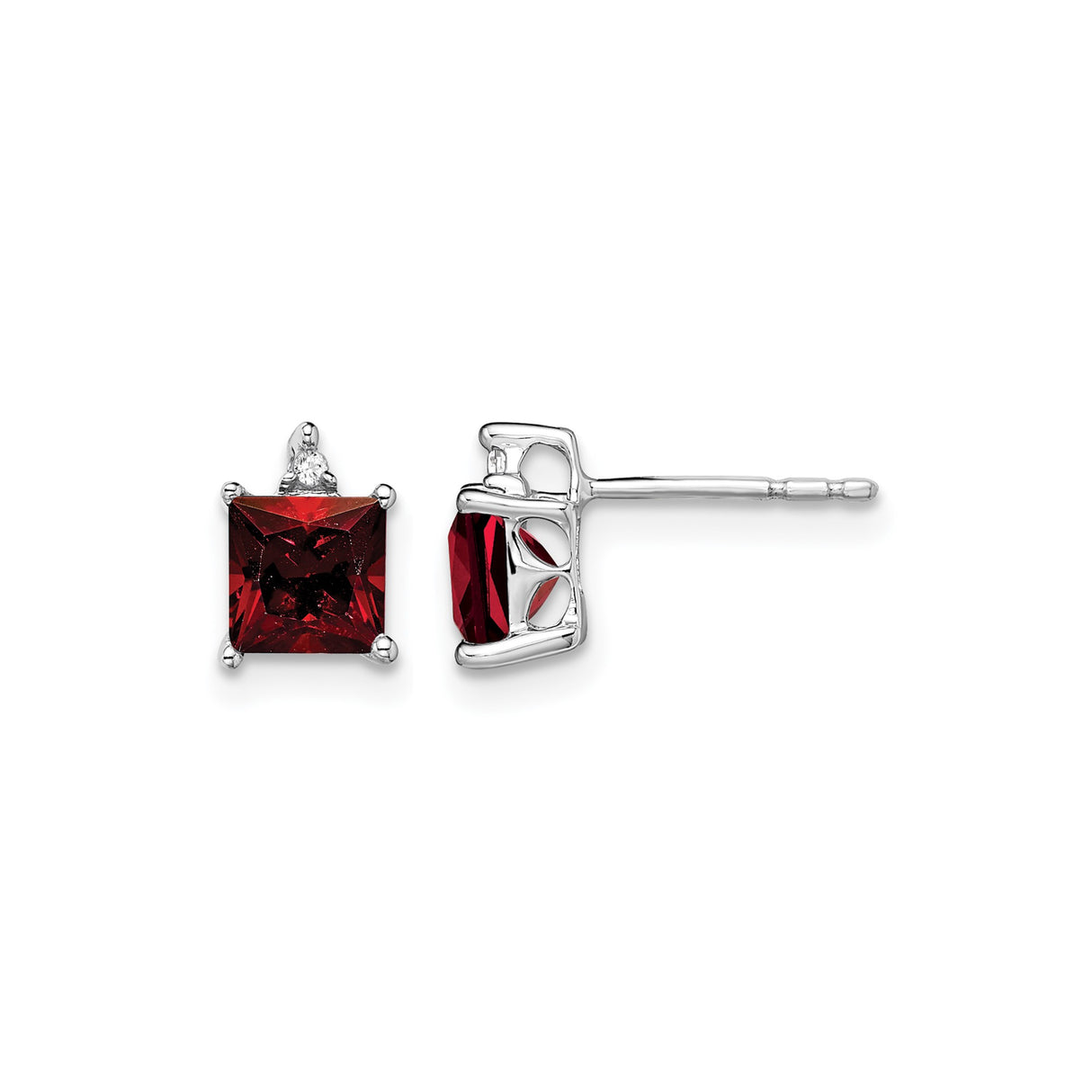 14k White Gold Stud Earrings with Square Cut Garnet and Diamond Accent