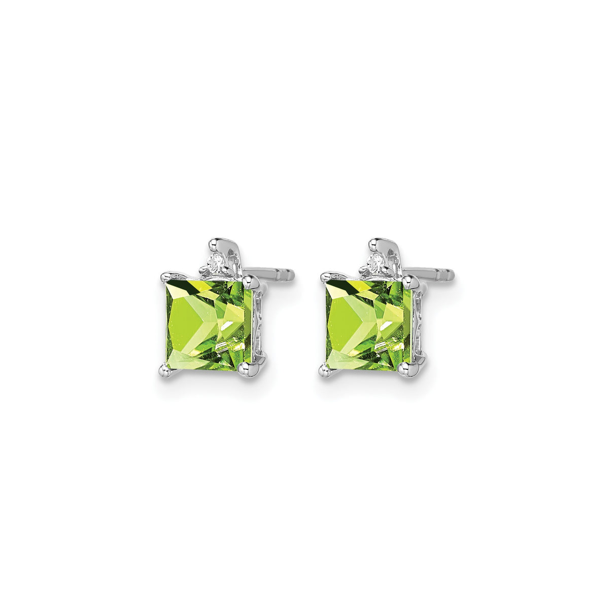 14k White Gold Stud Earrings with Square Cut Peridot and Diamond Accents