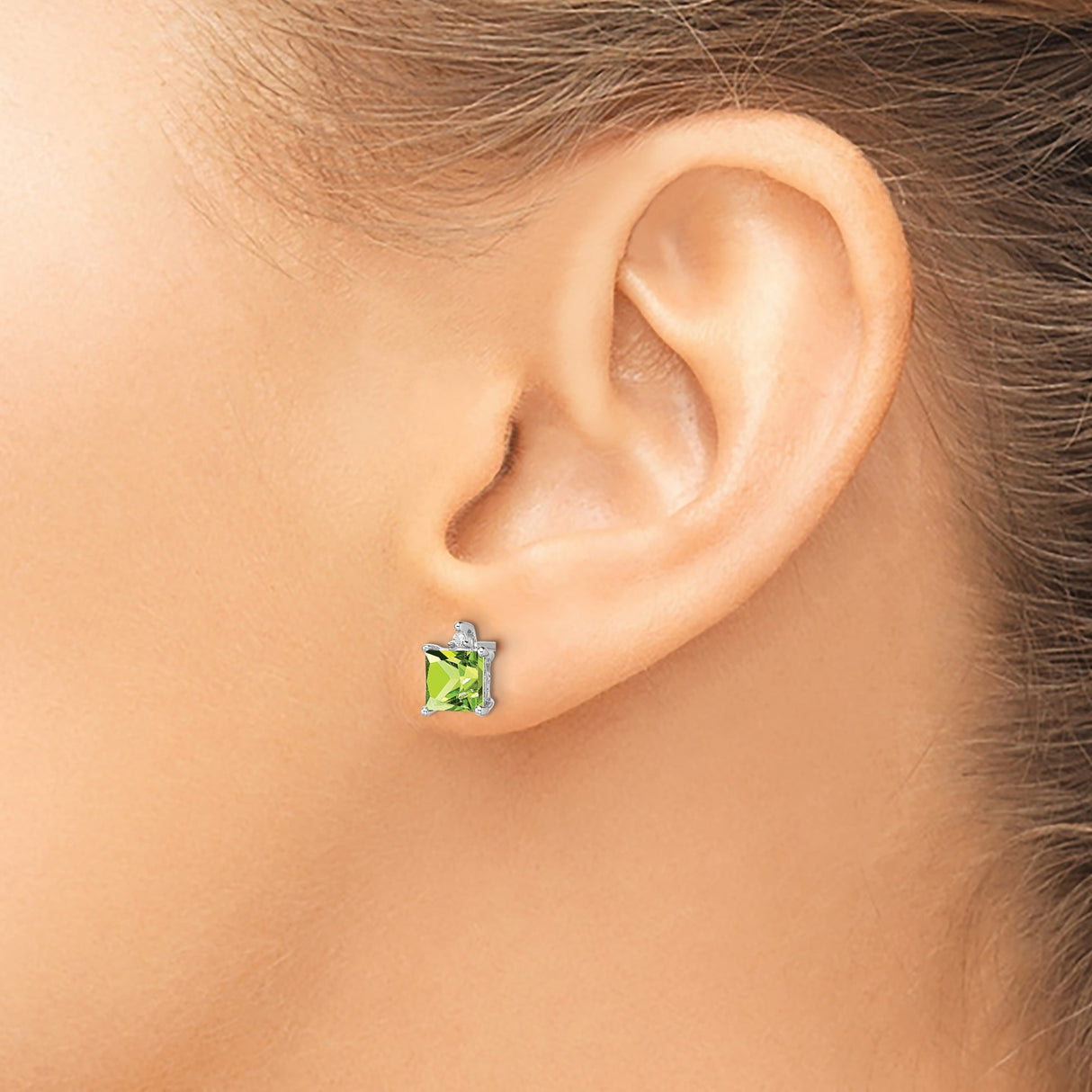 14k White Gold Stud Earrings with Square Cut Peridot and Diamond Accents