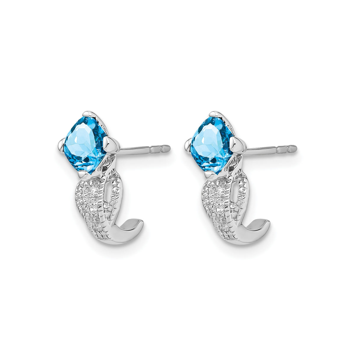 14k White Gold Blue Topaz Stud Earrings with Diamond Accents, Cushion Cut Loop Design