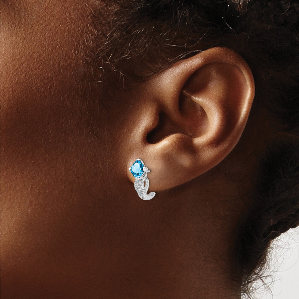 14k White Gold Blue Topaz Stud Earrings with Diamond Accents, Cushion Cut Loop Design