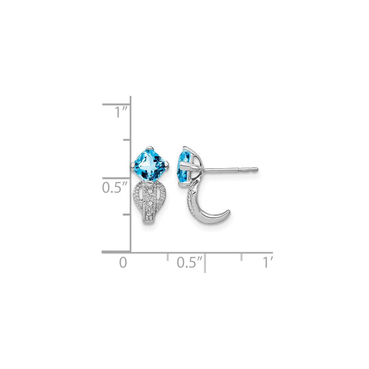 14k White Gold Blue Topaz Stud Earrings with Diamond Accents, Cushion Cut Loop Design