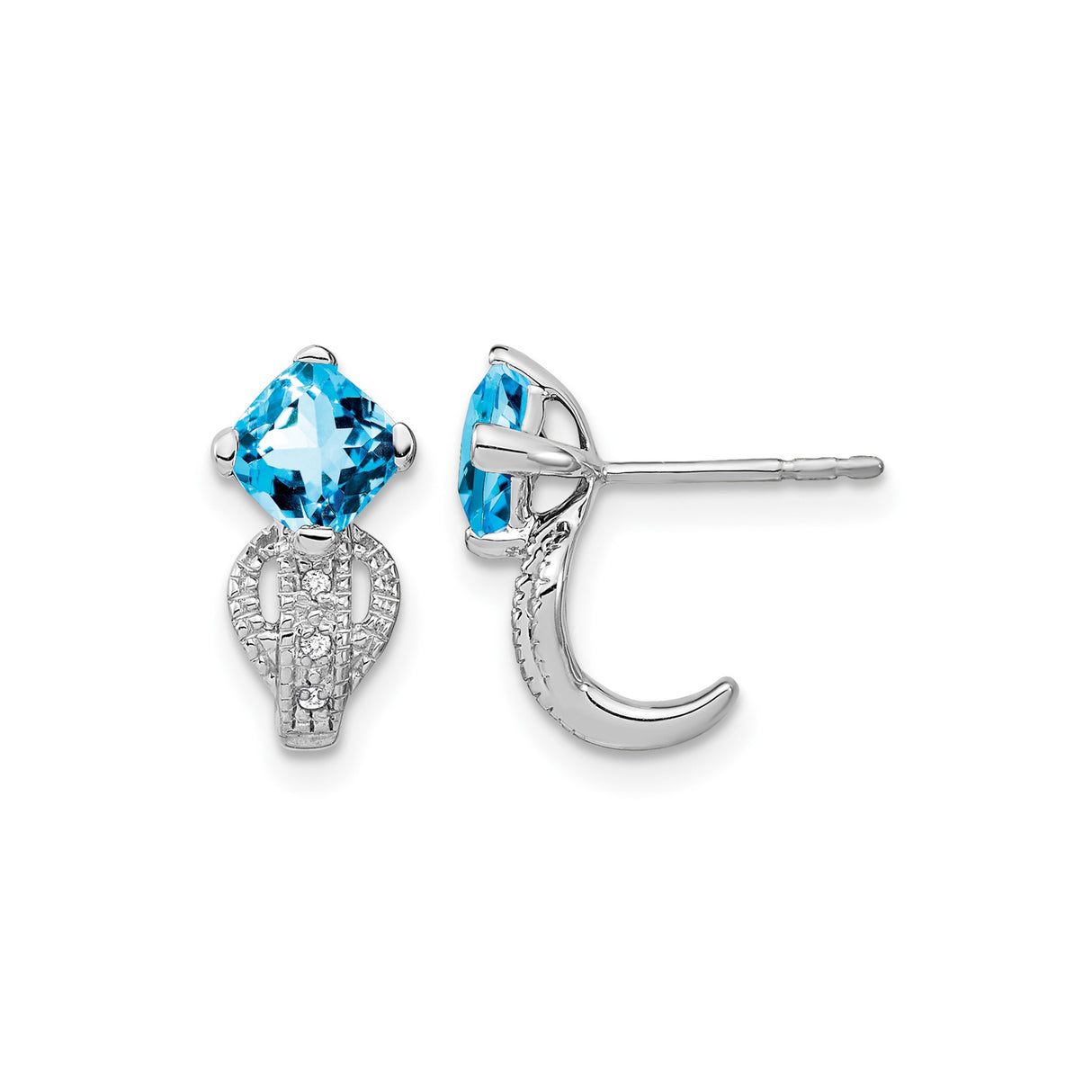 14k White Gold Blue Topaz Stud Earrings with Diamond Accents, Cushion Cut Loop Design