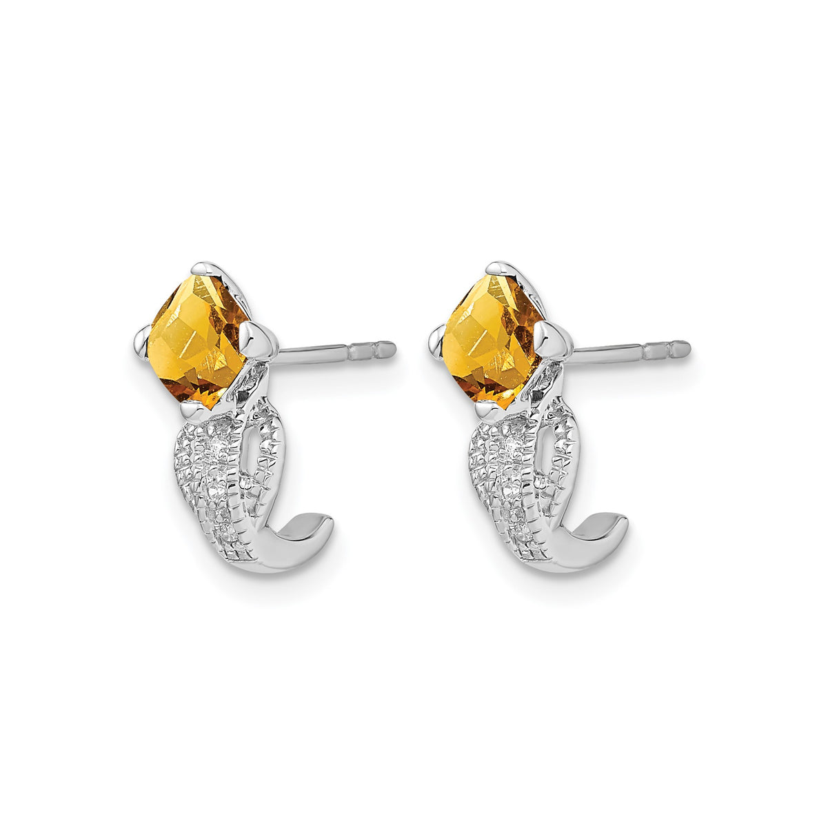 14k White Gold Stud Earrings with Cushion Cut Citrine and Diamond Accents