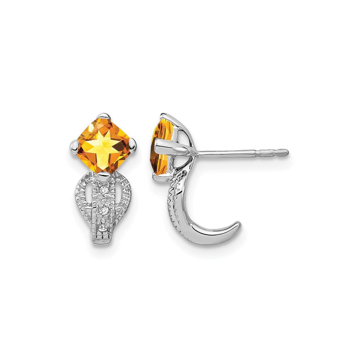 14k White Gold Stud Earrings with Cushion Cut Citrine and Diamond Accents
