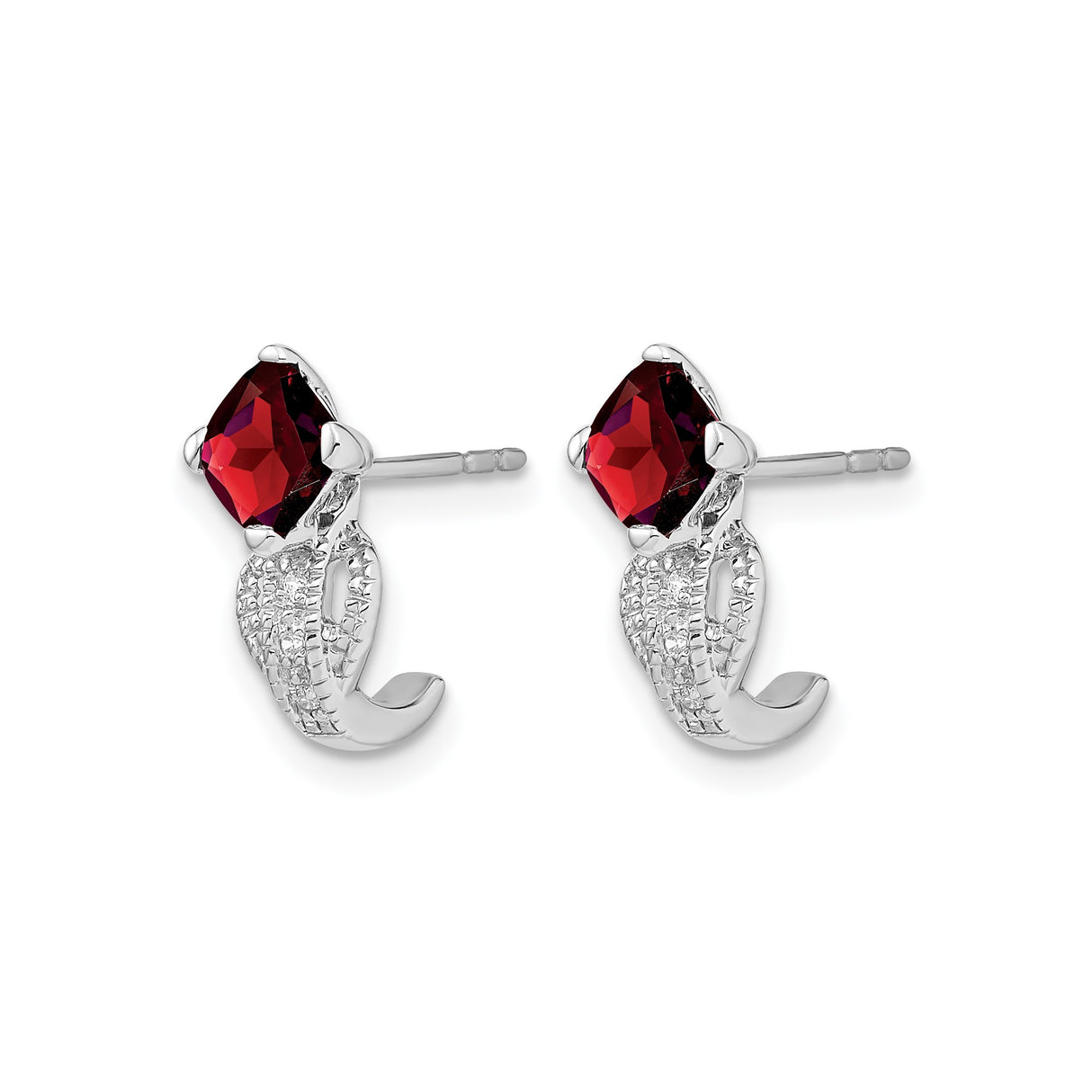 14k White Gold Stud Earrings with Cushion Cut Garnet and Diamond Accents, Open Loop Design