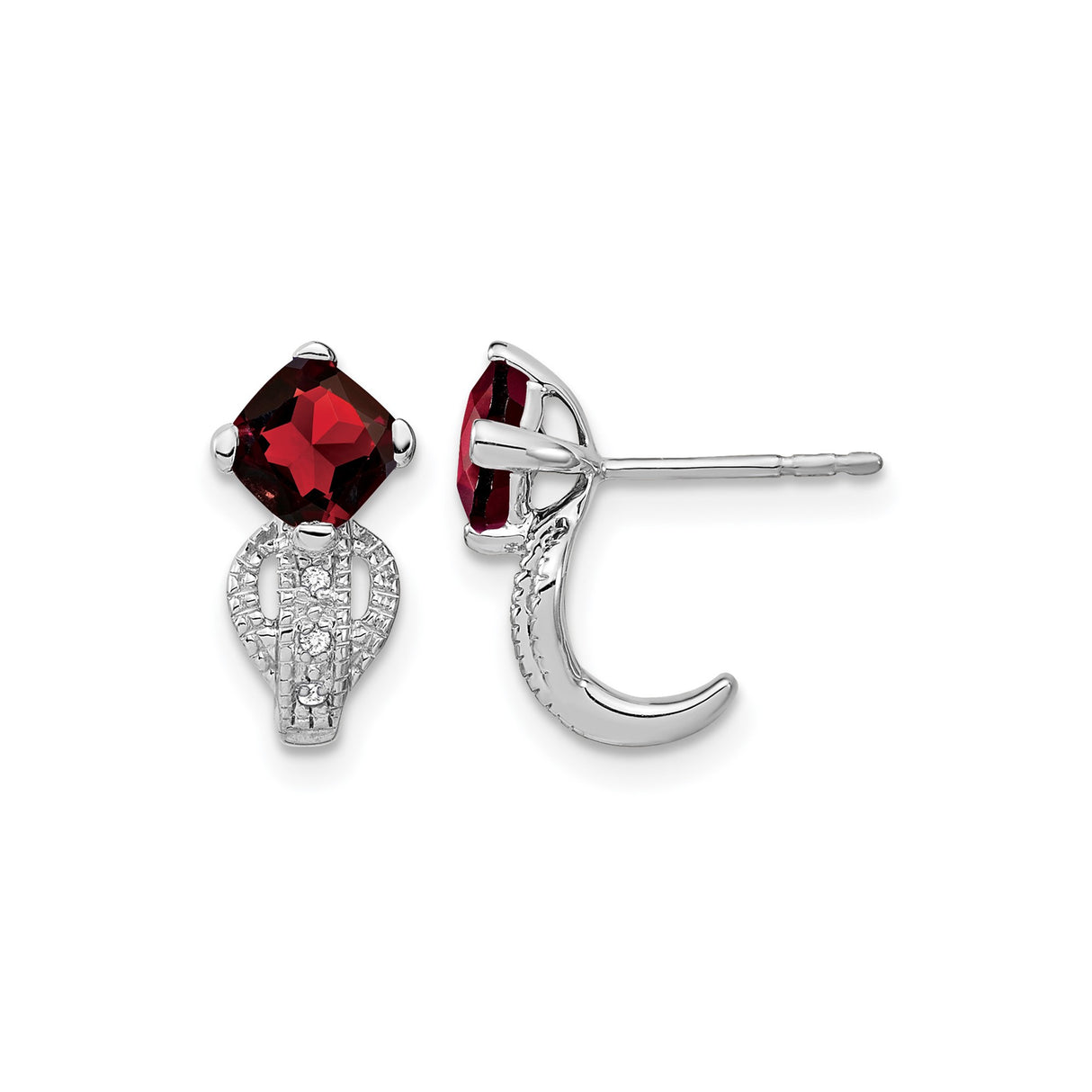 14k White Gold Stud Earrings with Cushion Cut Garnet and Diamond Accents, Open Loop Design