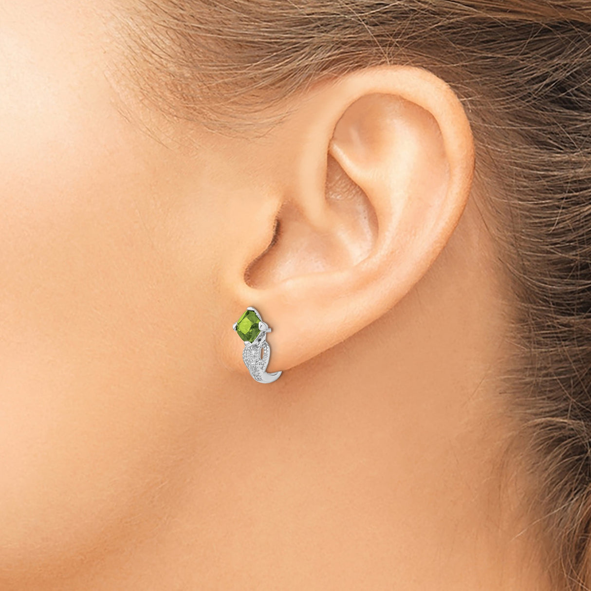 14k White Gold Drop Earrings with Cushion Cut Peridot and Diamond Accents