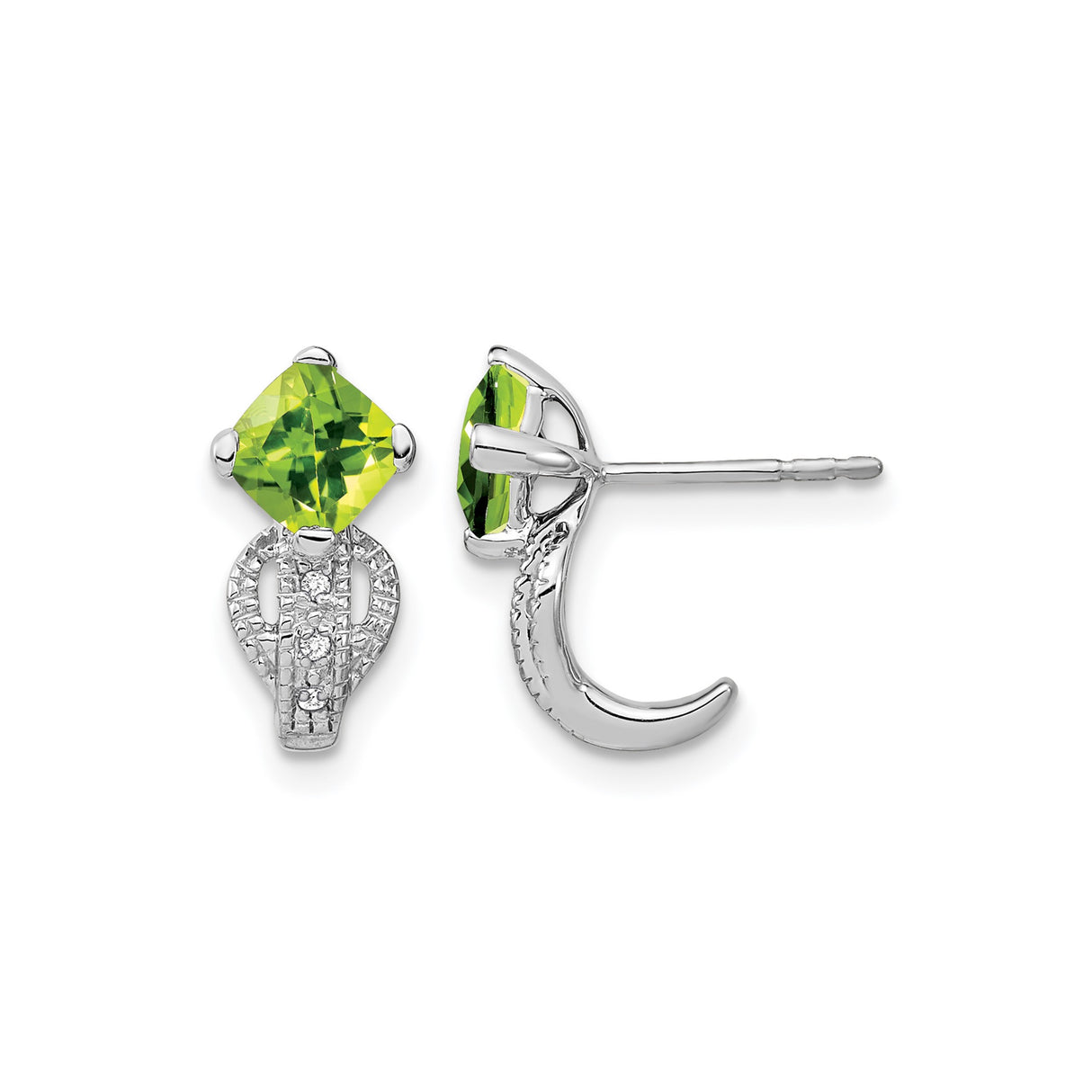 14k White Gold Drop Earrings with Cushion Cut Peridot and Diamond Accents