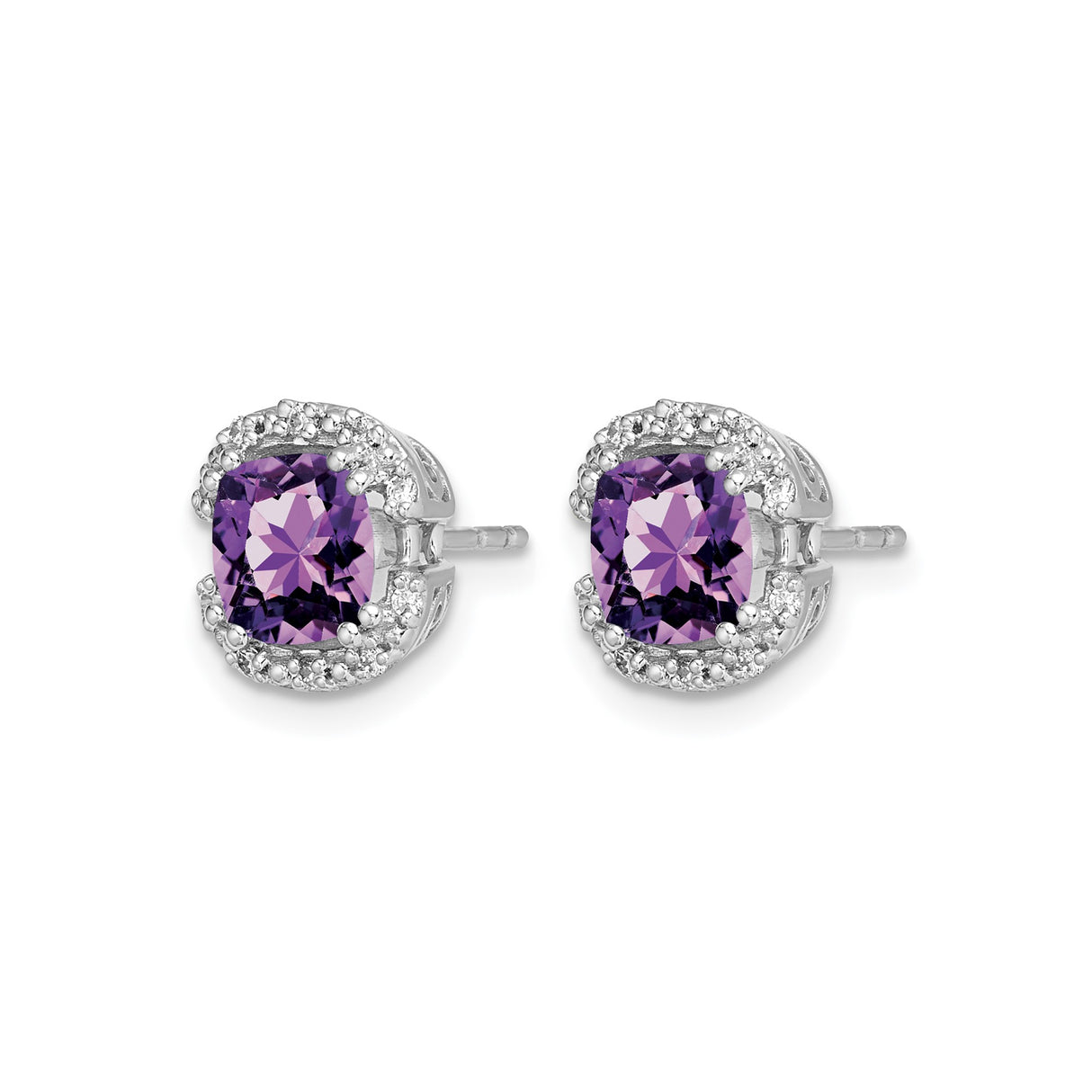 14k White Gold Amethyst Stud Earrings with Diamond Halo and Scrollwork Design